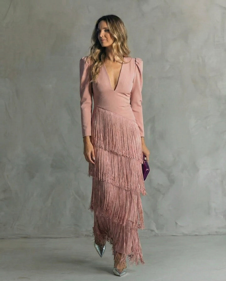 Amelia | Stylish Fringe Sleeve Midi Dress