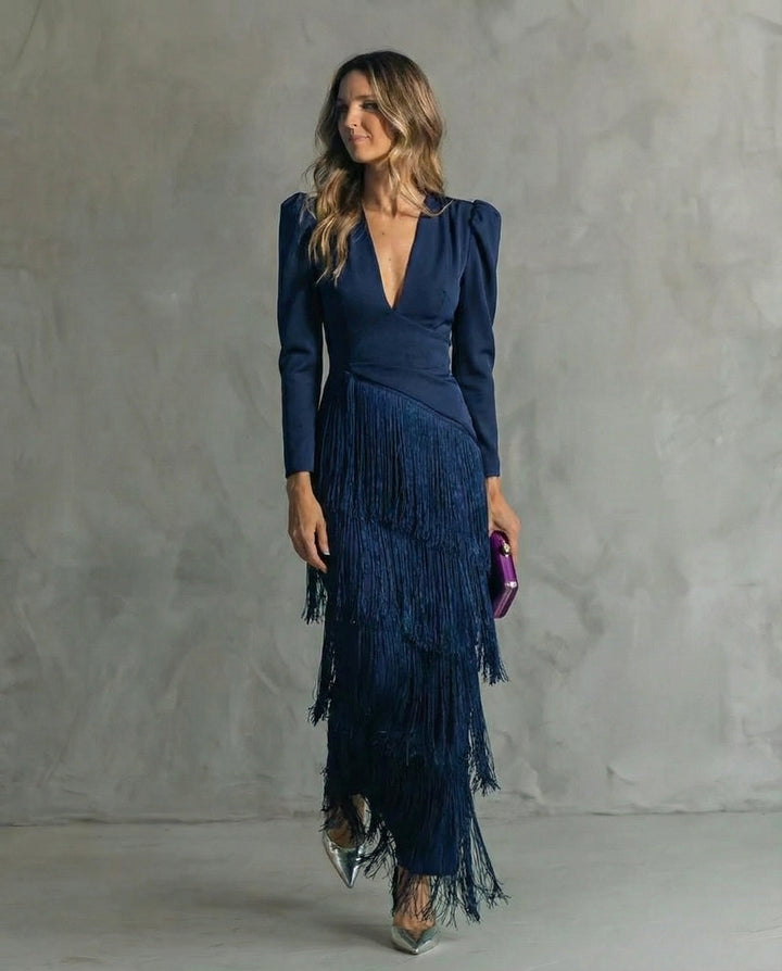Amelia | Stylish Fringe Sleeve Midi Dress