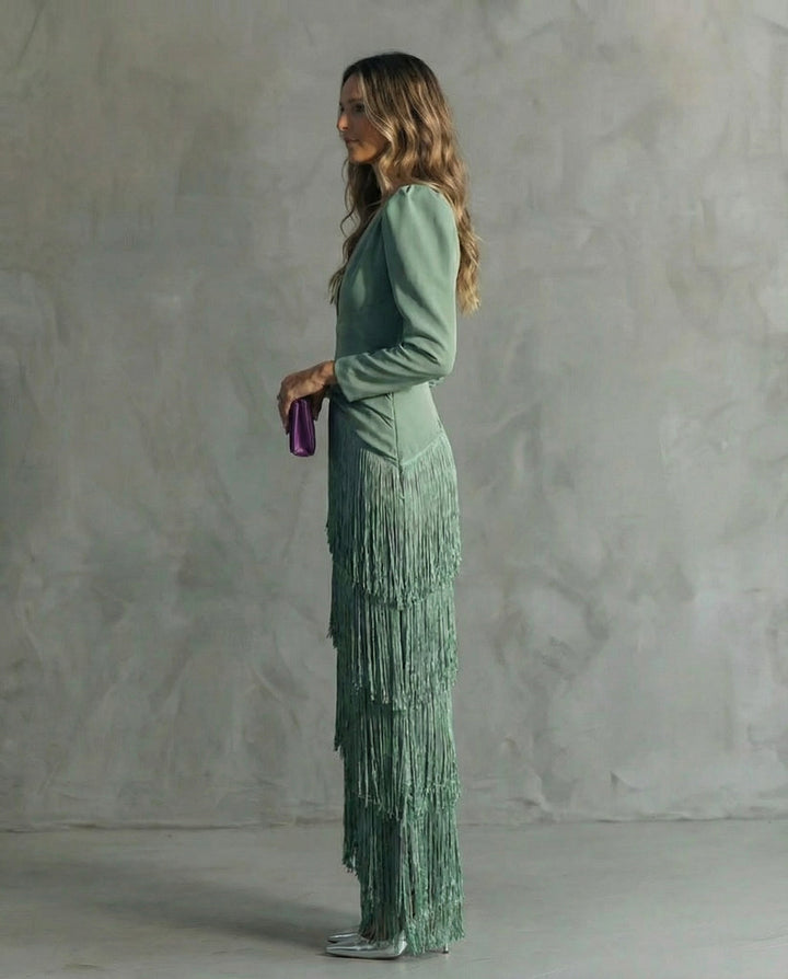 Amelia | Stylish Fringe Sleeve Midi Dress